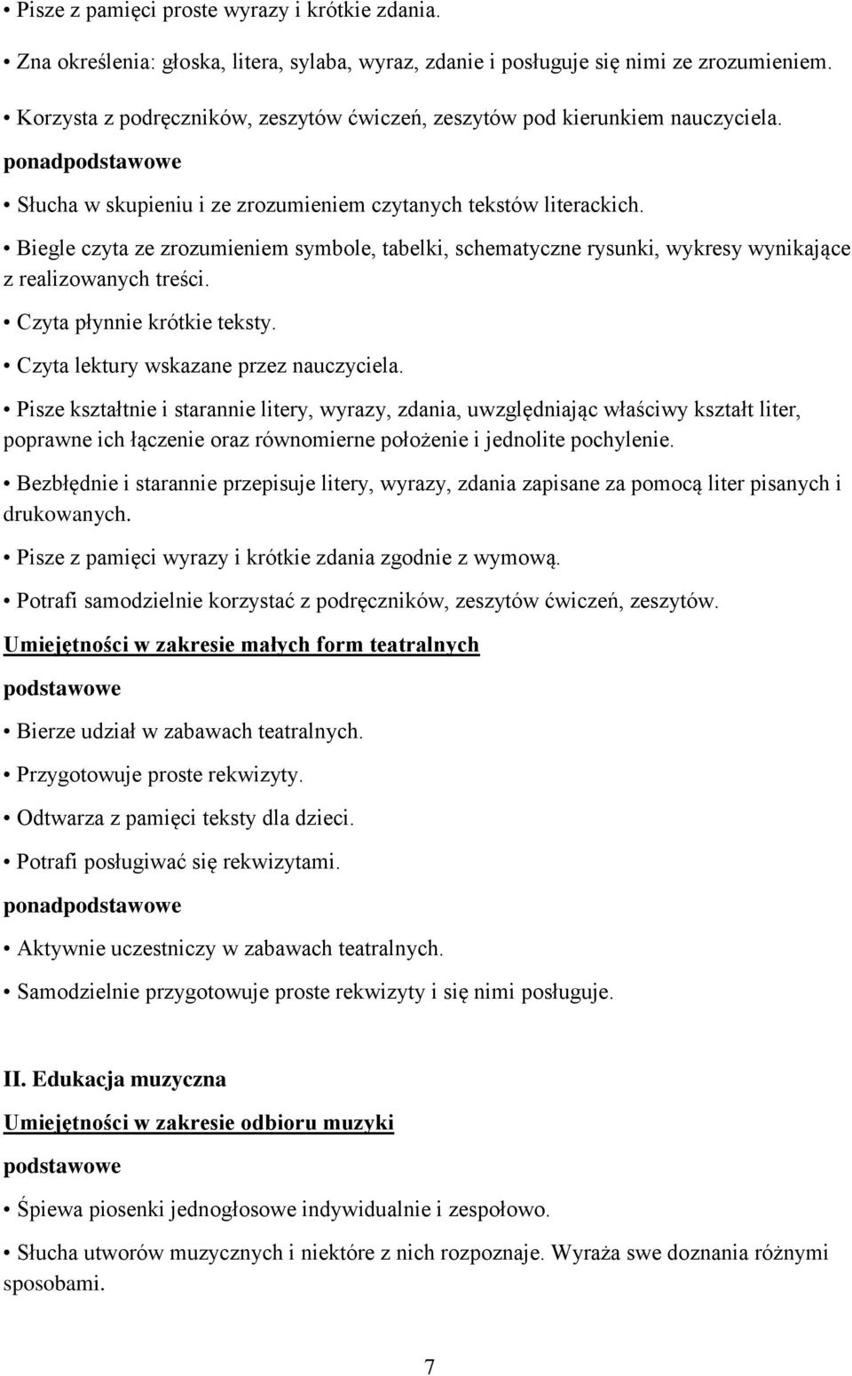 Biegle czyta ze zrozumieniem symbole, tabelki, schematyczne rysunki, wykresy wynikające z realizowanych treści. Czyta płynnie krótkie teksty. Czyta lektury wskazane przez nauczyciela.