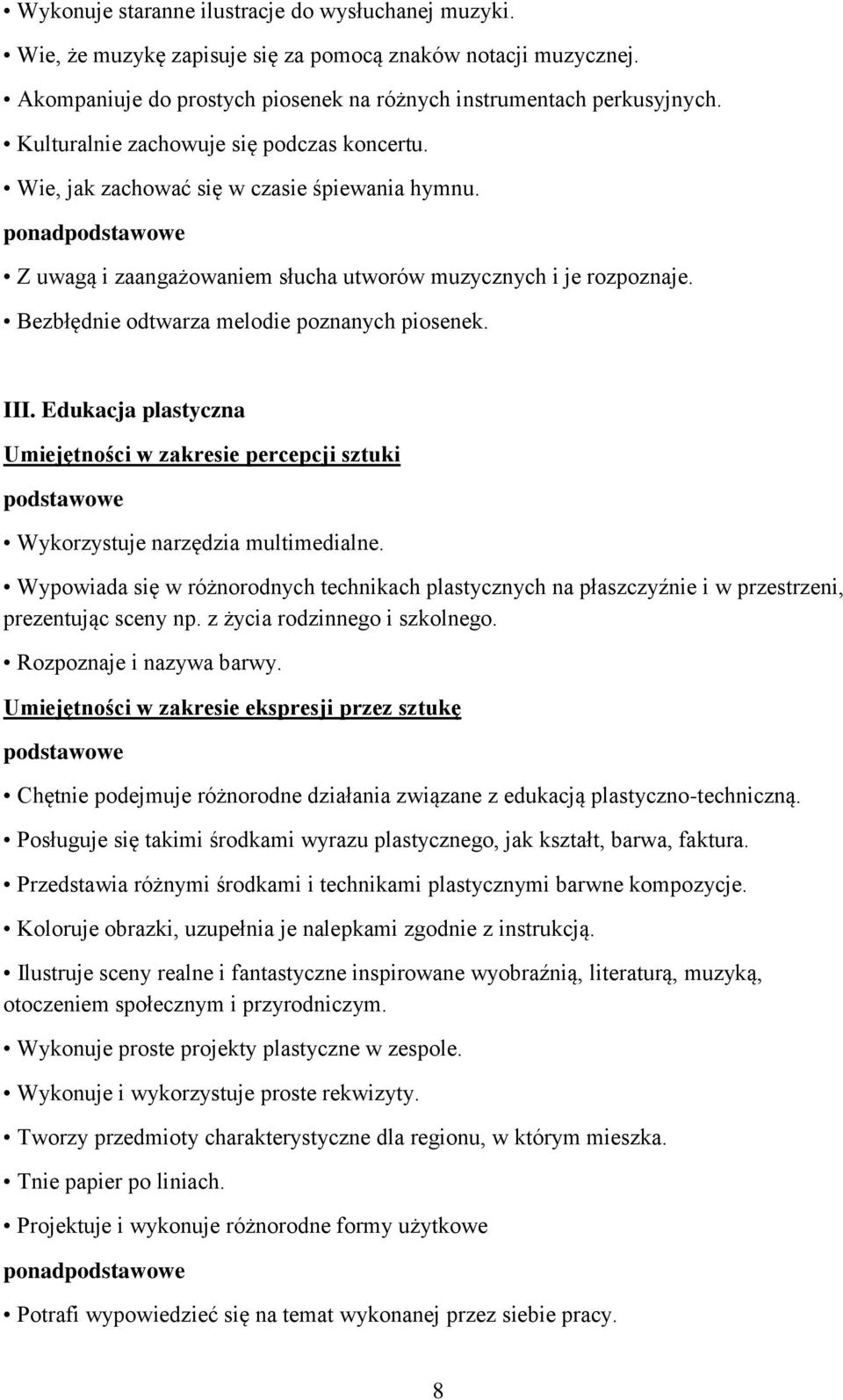 Bezbłędnie odtwarza melodie poznanych piosenek. III. Edukacja plastyczna Umiejętności w zakresie percepcji sztuki Wykorzystuje narzędzia multimedialne.