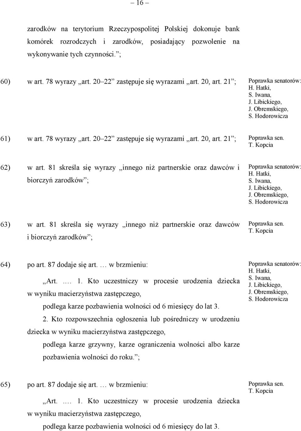 81 skreśla się wyrazy innego niż partnerskie oraz dawców i biorczyń zarodków ; 63) w art. 81 skreśla się wyrazy innego niż partnerskie oraz dawców i biorczyń zarodków ; 64) po art. 87 dodaje się art.