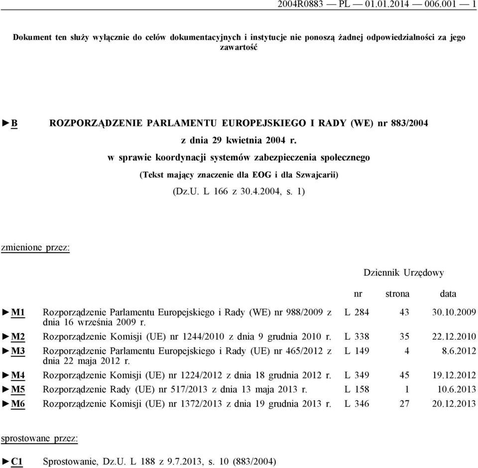 dnia 29 kwietnia 2004 r. w sprawie koordynacji systemów zabezpieczenia społecznego (Tekst mający znaczenie dla EOG i dla Szwajcarii) (Dz.U. L 166 z 30.4.2004, s.