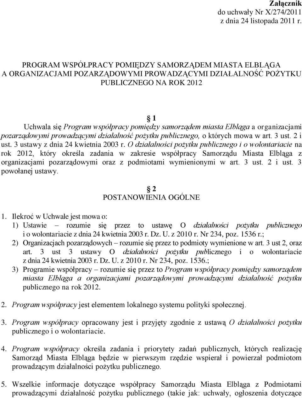 miasta Elbląga a organizacjami pozarządowymi prowadzącymi działalność pożytku publicznego, o których mowa w art. 3 ust. 2 i ust. 3 ustawy z dnia 24 kwietnia 2003 r.