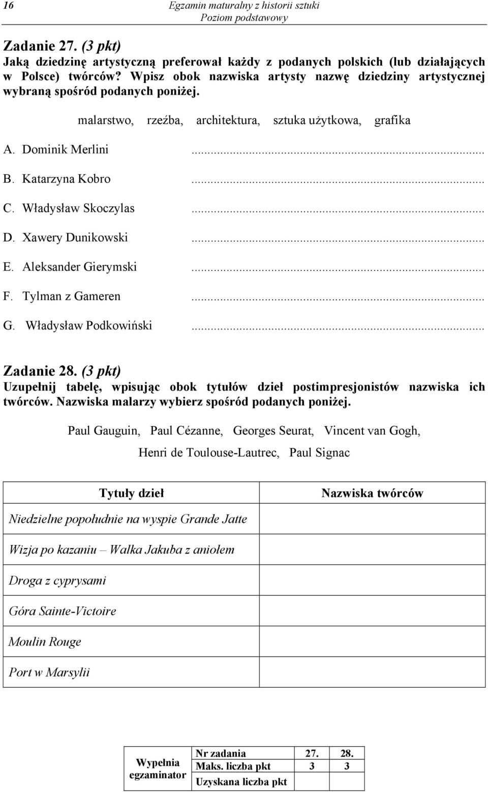 Władysław Skoczylas... D. Xawery Dunikowski... E. Aleksander Gierymski... F. Tylman z Gameren... G. Władysław Podkowiński... Zadanie 28.