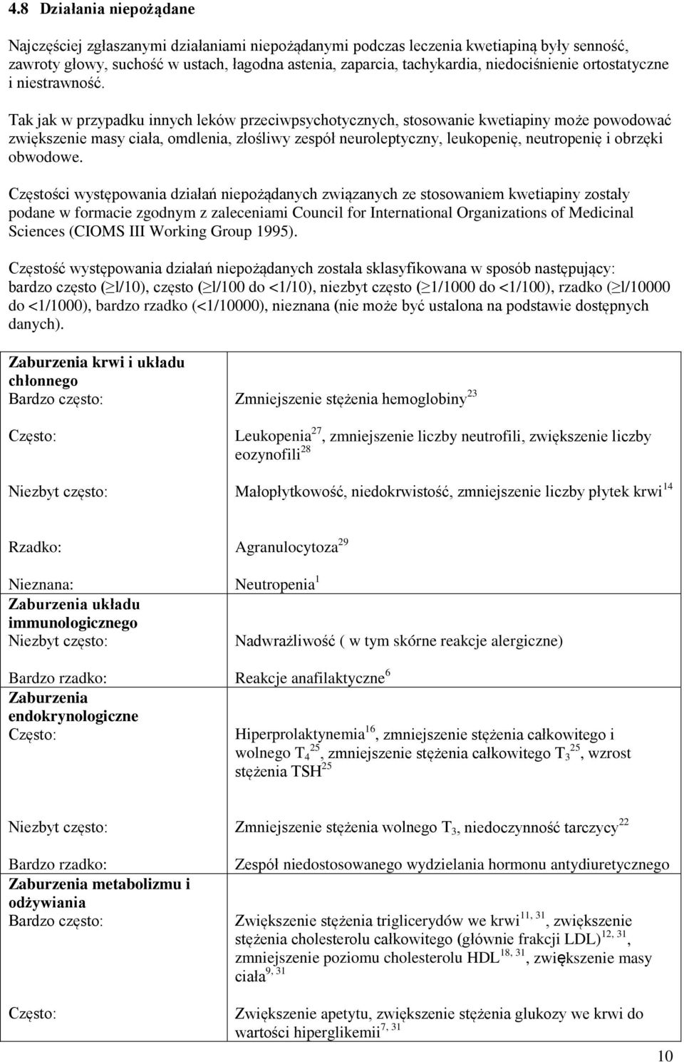 Tak jak w przypadku innych leków przeciwpsychotycznych, stosowanie kwetiapiny może powodować zwiększenie masy ciała, omdlenia, złośliwy zespół neuroleptyczny, leukopenię, neutropenię i obrzęki