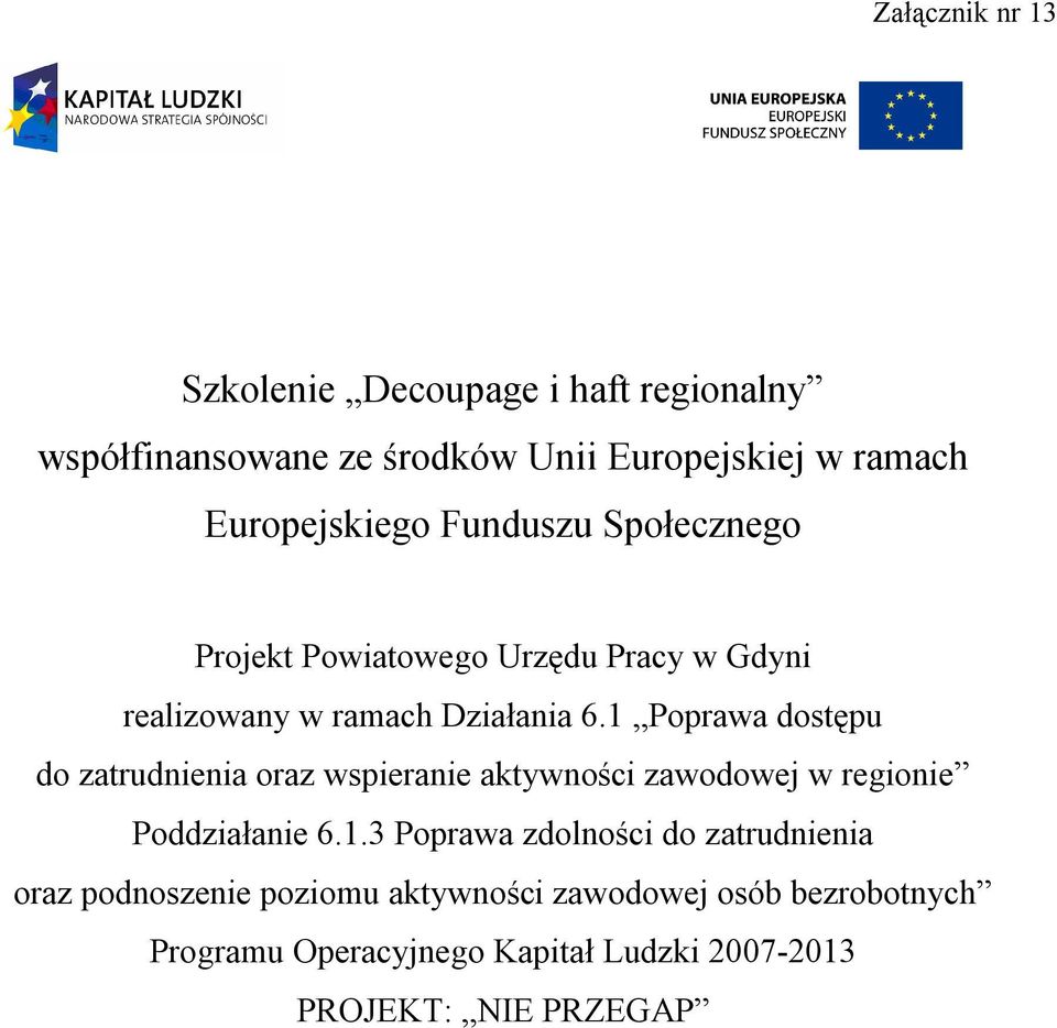 1 Poprawa dostępu do zatrudnienia oraz wspieranie aktywności zawodowej w regionie Poddziałanie 6.1.3 Poprawa zdolności