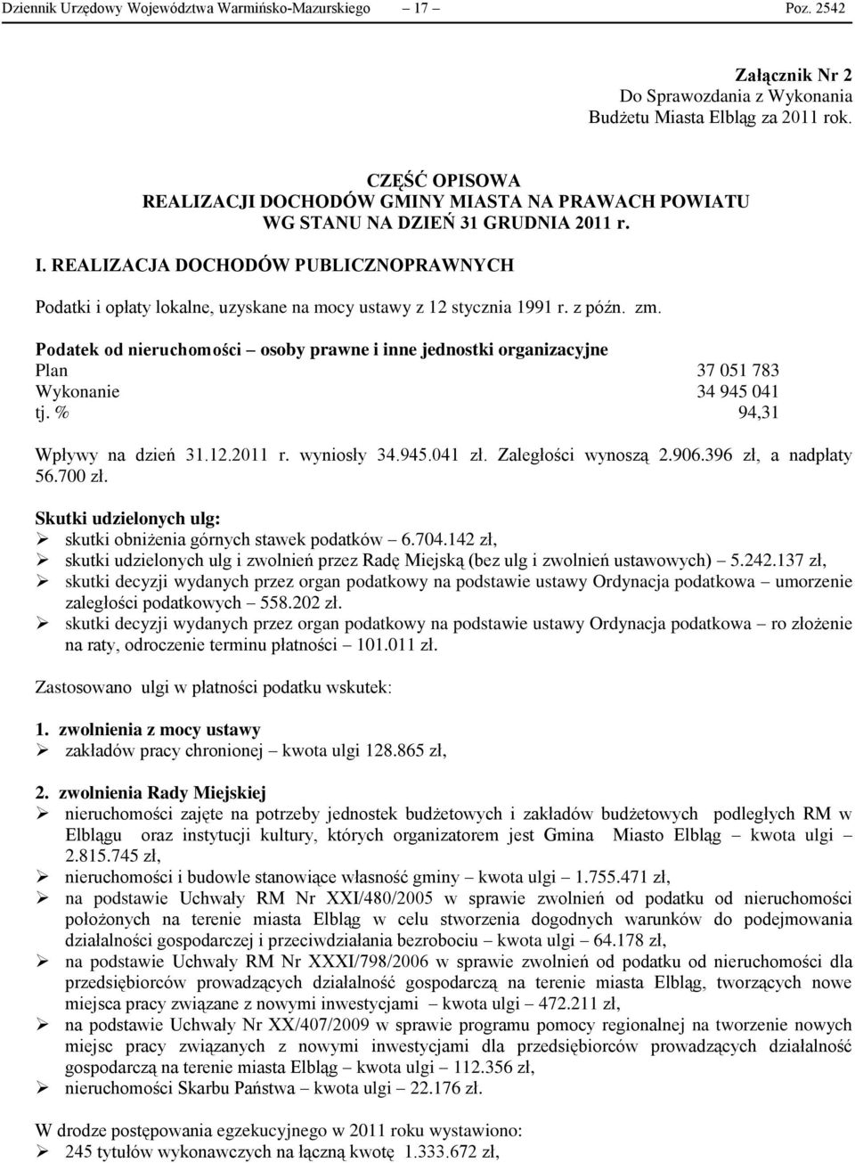 REALIZACJA DOCHODÓW PUBLICZNOPRAWNYCH Podatki i opłaty lokalne, uzyskane na mocy ustawy z 12 stycznia 1991 r. z późn. zm.