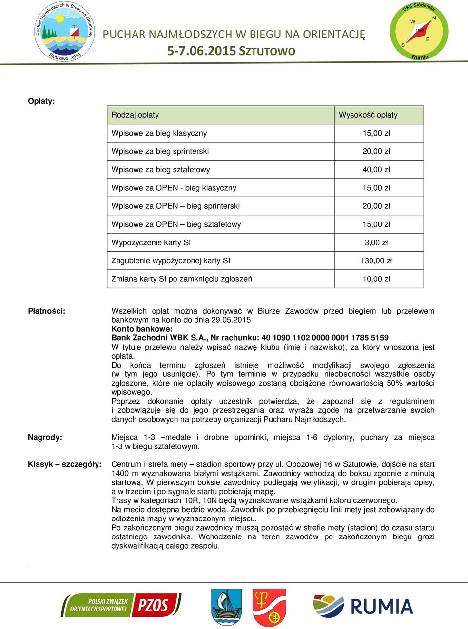 zł Płatności: Nagrody: Klasyk szczegóły: Wszelkich opłat można dokonywać w Biurze Zawodów przed biegiem lub przelewem bankowym na konto do dnia 29.05.2015 Konto bankowe: Bank Zachodni WBK S.A.