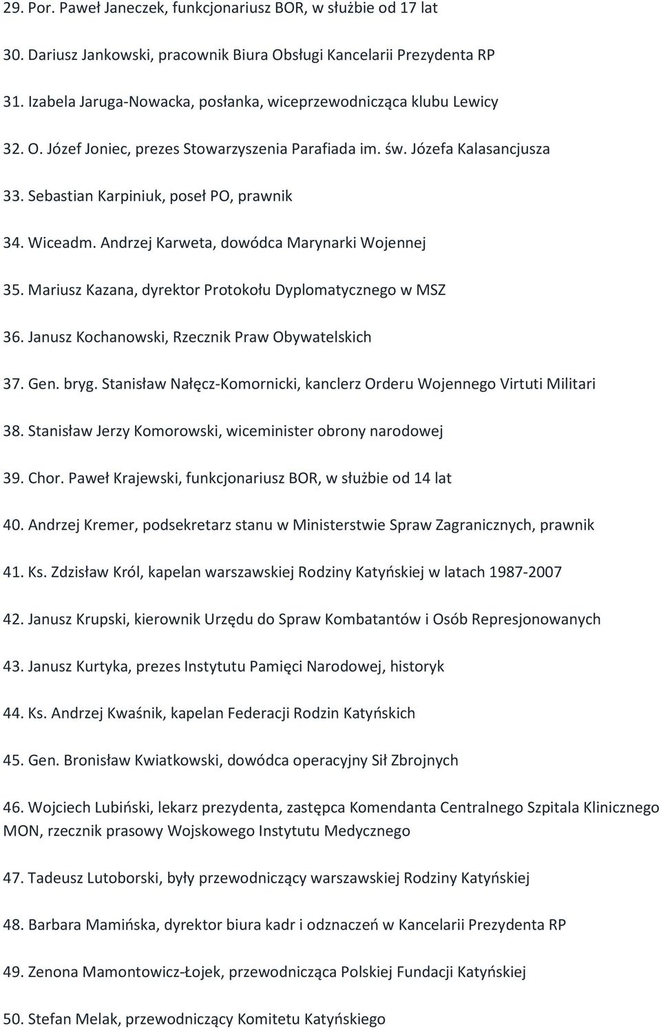Wiceadm. Andrzej Karweta, dowódca Marynarki Wojennej 35. Mariusz Kazana, dyrektor Protokołu Dyplomatycznego w MSZ 36. Janusz Kochanowski, Rzecznik Praw Obywatelskich 37. Gen. bryg.