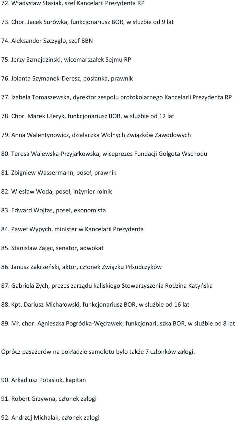 Marek Uleryk, funkcjonariusz BOR, w służbie od 12 lat 79. Anna Walentynowicz, działaczka Wolnych Związków Zawodowych 80. Teresa Walewska-Przyjałkowska, wiceprezes Fundacji Golgota Wschodu 81.