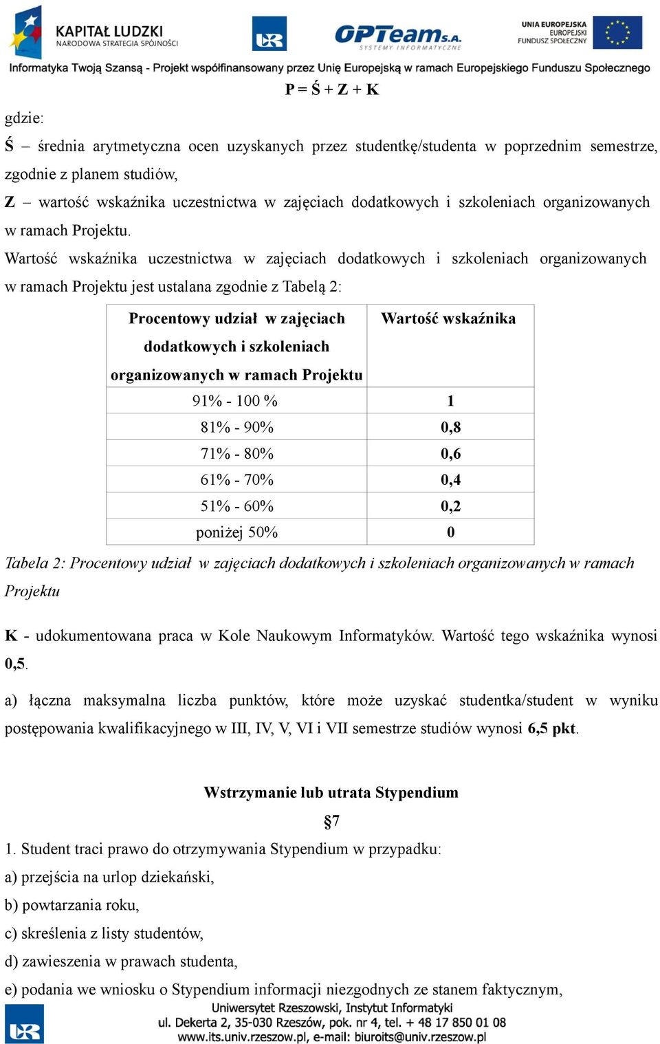 Wartość wskaźnika uczestnictwa w zajęciach dodatkowych i szkoleniach organizowanych w ramach Projektu jest ustalana zgodnie z Tabelą 2: Procentowy udział w zajęciach Wartość wskaźnika dodatkowych i