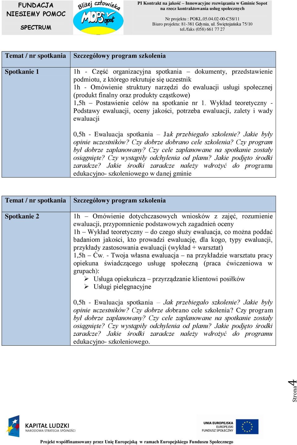 Wykład teoretyczny - Podstawy ewaluacji, oceny jakości, potrzeba ewaluacji, zalety i wady ewaluacji edukacyjno- szkoleniowego w danej gminie Spotkanie 2 1h Omówienie dotychczasowych wniosków z zajęć,