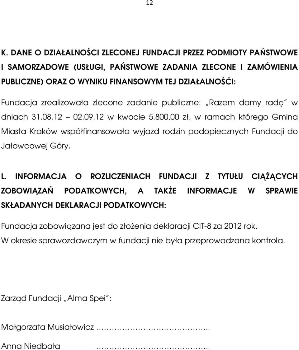 800,00 zł, w ramach którego Gmina Miasta Kraków współfinansowała wyjazd rodzin podopiecznych Fundacji do Jałowcowej Góry. L.