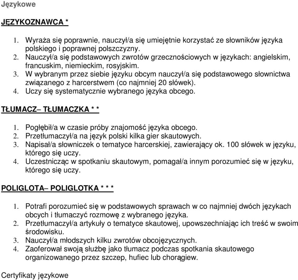 W wybranym przez siebie języku obcym nauczył/a się podstawowego słownictwa związanego z harcerstwem (co najmniej 20 słówek). 4. Uczy się systematycznie wybranego języka obcego.