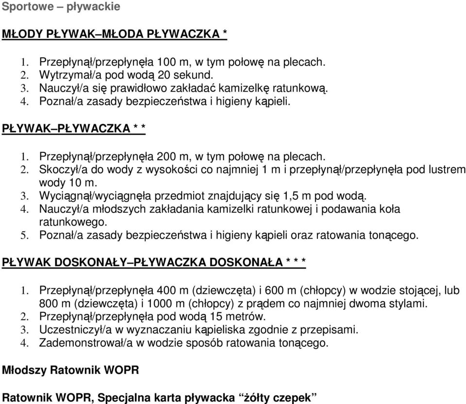 3. Wyciągnął/wyciągnęła przedmiot znajdujący się 1,5 m pod wodą. 4. Nauczył/a młodszych zakładania kamizelki ratunkowej i podawania koła ratunkowego. 5.