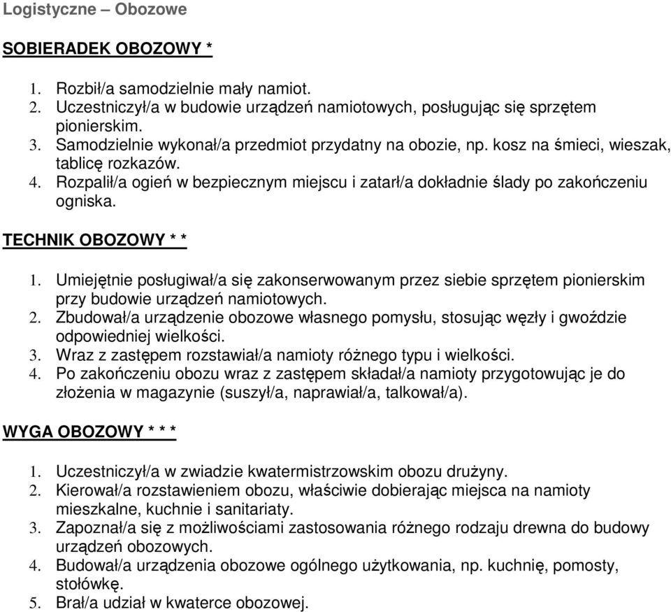 TECHNIK OBOZOWY * * 1. Umiejętnie posługiwał/a się zakonserwowanym przez siebie sprzętem pionierskim przy budowie urządzeń namiotowych. 2.