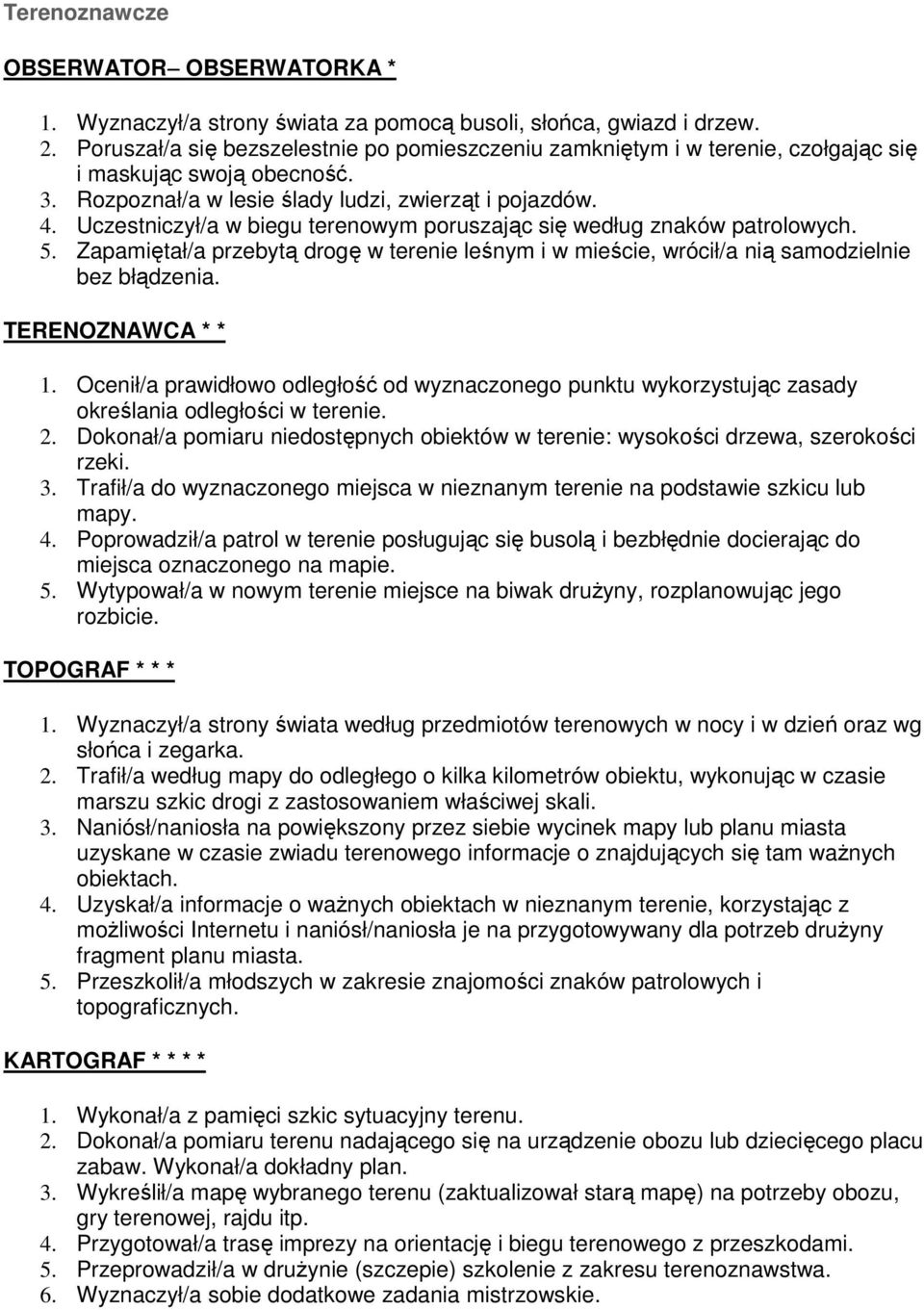 Uczestniczył/a w biegu terenowym poruszając się według znaków patrolowych. 5. Zapamiętał/a przebytą drogę w terenie leśnym i w mieście, wrócił/a nią samodzielnie bez błądzenia. TERENOZNAWCA * * 1.