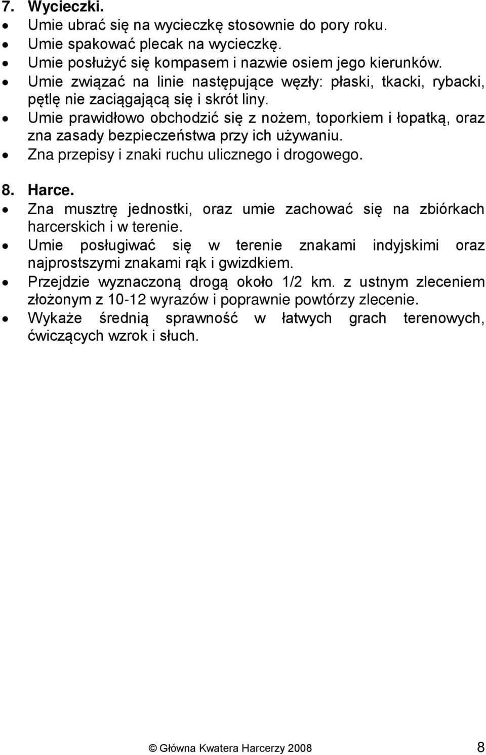 Umie prawidłowo obchodzić się z nożem, toporkiem i łopatką, oraz zna zasady bezpieczeństwa przy ich używaniu. Zna przepisy i znaki ruchu ulicznego i drogowego. 8. Harce.