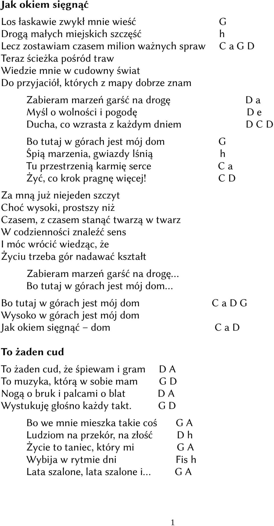 Z mną już niejeden szczyt Choć wysoki, prostszy niż Czsem, z czsem stnąć twrzą w twrz W codzienności znleźć sens I móc wrócić wiedząc, że Życiu trzeb gór ndwć ksztłt Zbierm mrzeń grść n drogę.