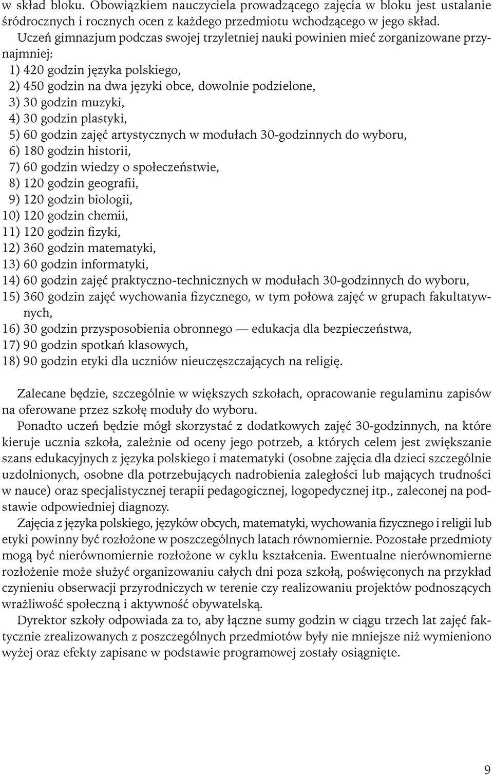 4) 30 godzin plastyki, 5) 60 godzin zajęć artystycznych w modułach 30-godzinnych do wyboru, 6) 180 godzin historii, 7) 60 godzin wiedzy o społeczeństwie, 8) 120 godzin geografii, 9) 120 godzin