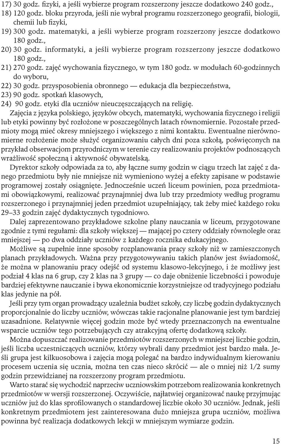 informatyki, a jeśli wybierze program rozszerzony jeszcze dodatkowo 180 godz., 21) 270 godz. zajęć wychowania fizycznego, w tym 180 godz. w modułach 60-godzinnych do wyboru, 22) 30 godz.