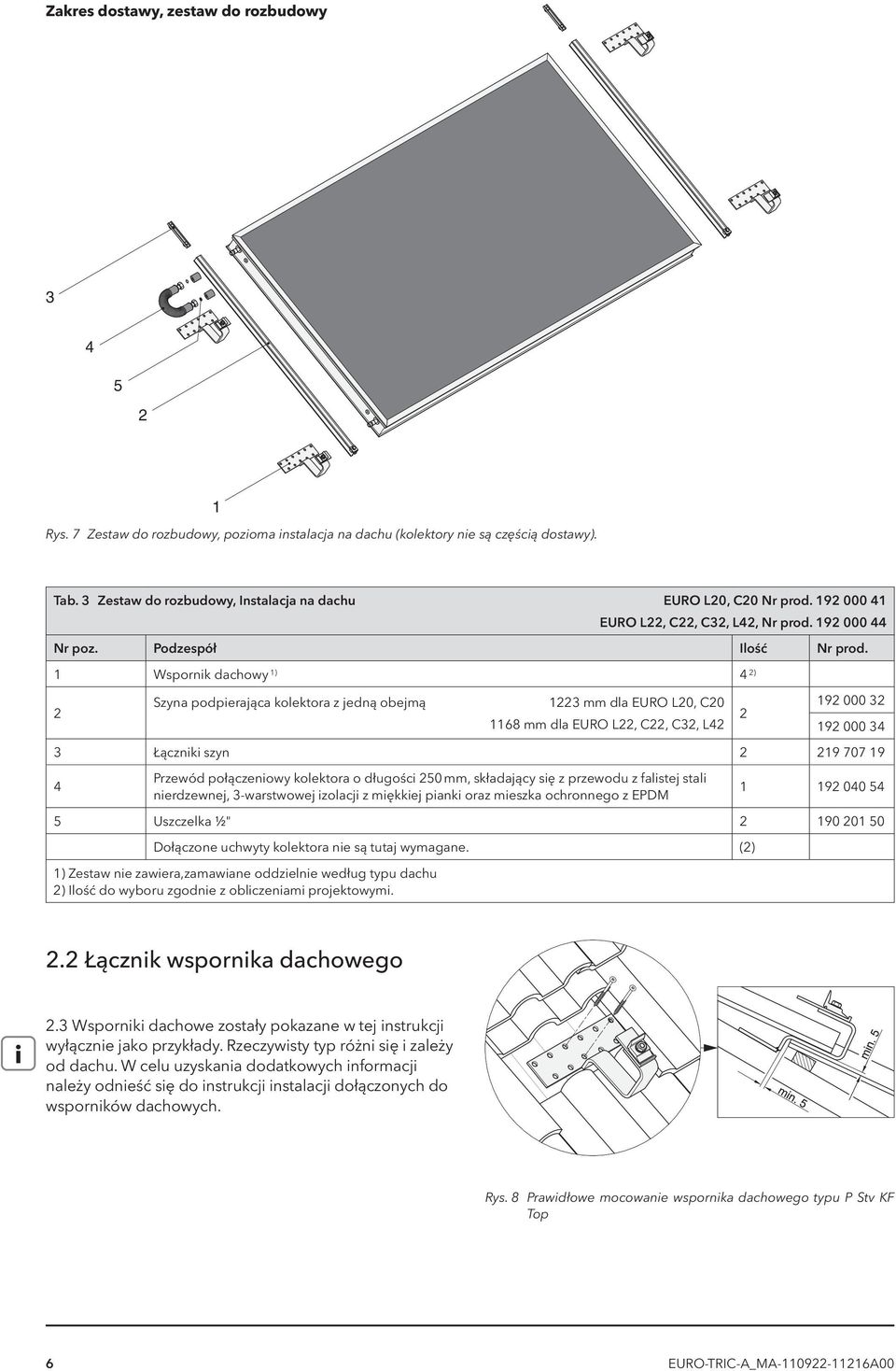 1 Wspornik dachowy 1) 4 ) Szyna podpierająca kolektora z jedną obejmą 13 mm dla EURO L0, C0 1168 mm dla EURO L, C, C3, L4 19 000 3 19 000 34 3 Łączniki szyn 19 707 19 4 Przewód połączeniowy kolektora