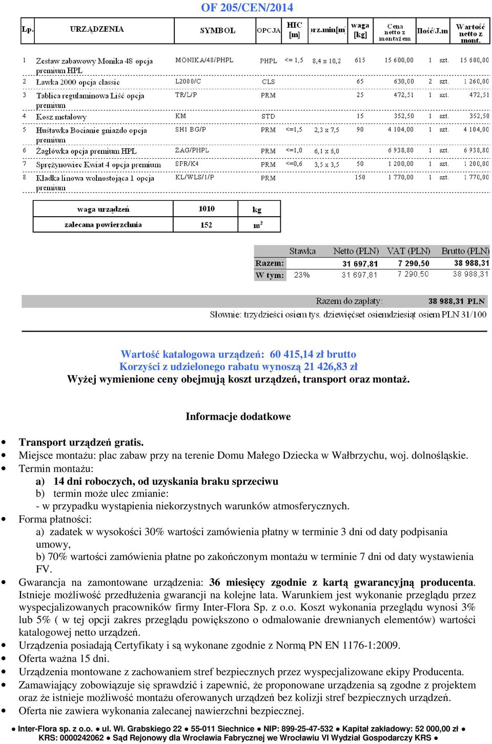 Termin montażu: a) 14 dni roboczych, od uzyskania braku sprzeciwu b) termin może ulec zmianie: - w przypadku wystąpienia niekorzystnych warunków atmosferycznych.