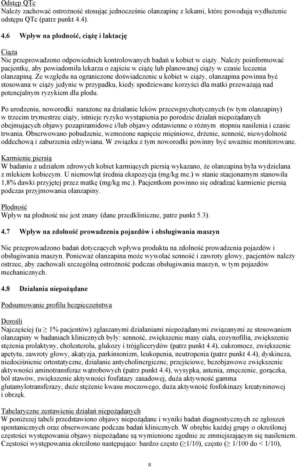 Należy poinformować pacjentkę, aby powiadomiła lekarza o zajściu w ciążę lub planowanej ciąży w czasie leczenia olanzapiną.