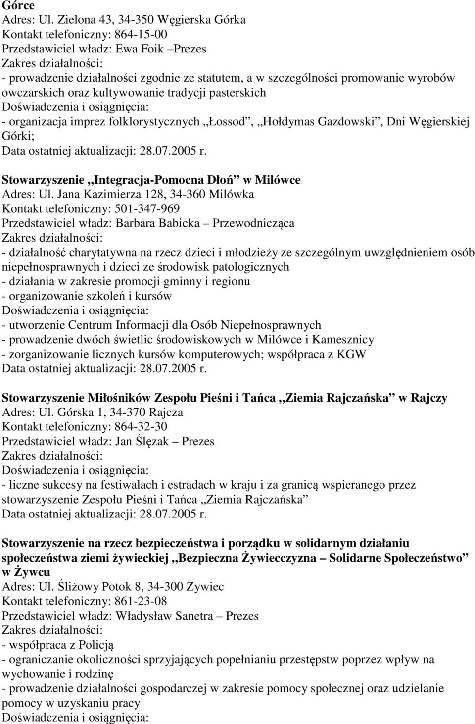 owczarskich oraz kultywowanie tradycji pasterskich - organizacja imprez folklorystycznych Łossod, Hołdymas Gazdowski, Dni Węgierskiej Górki; Stowarzyszenie Integracja-Pomocna Dłoń w Milówce Adres: Ul.