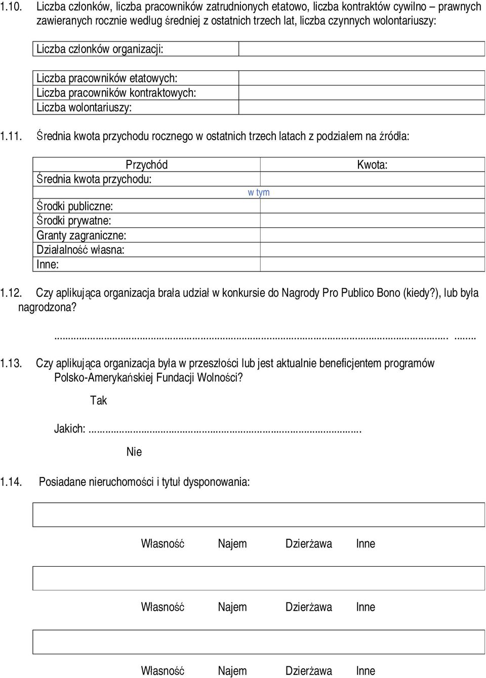 Średnia kwota przychodu rocznego w ostatnich trzech latach z podziałem na źródła: Przychód Średnia kwota przychodu: Środki publiczne: Środki prywatne: Granty zagraniczne: Działalność własna: Inne: w