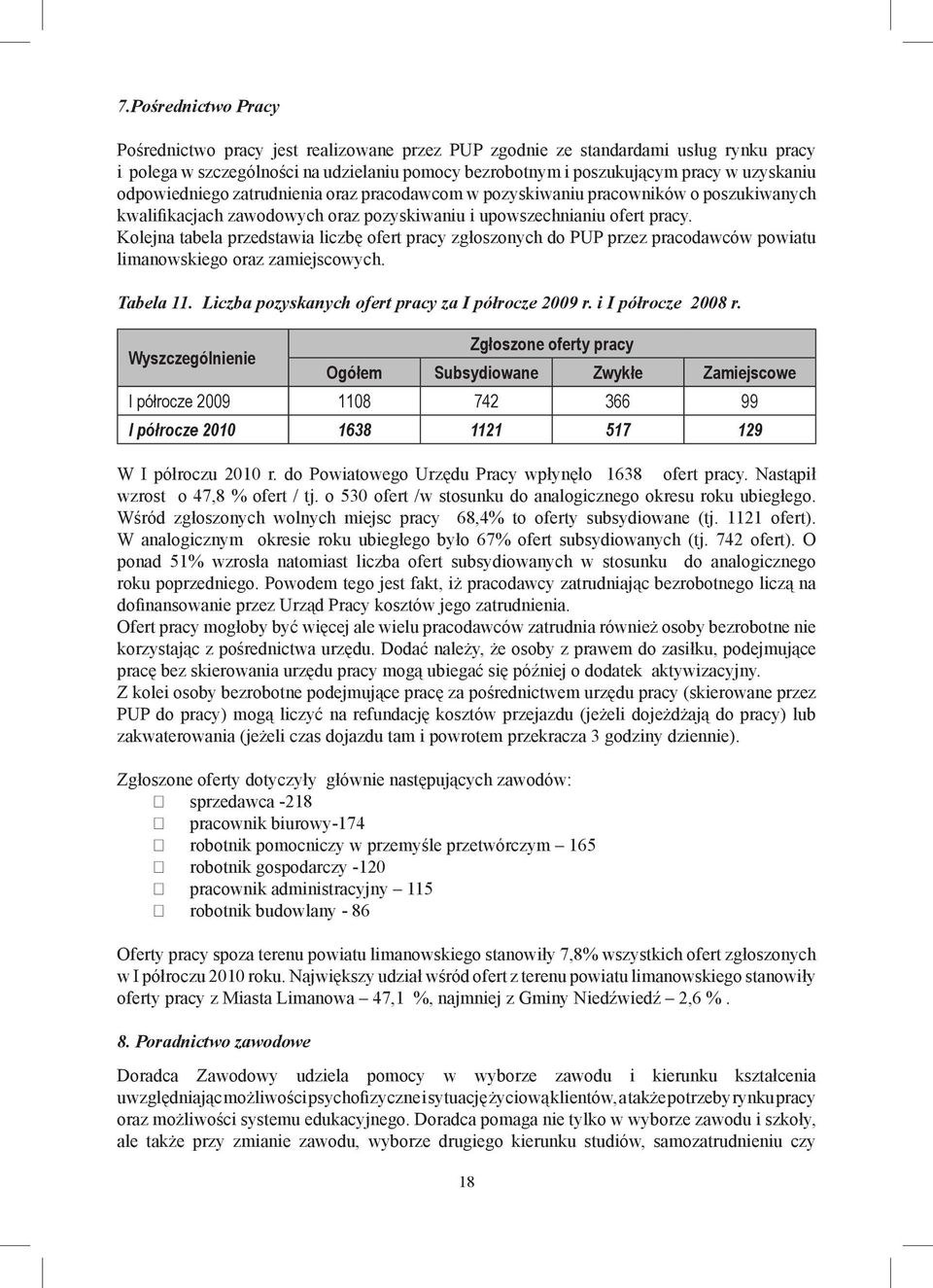 Kolejna tabela przedstawia liczbę ofert pracy zgłoszonych do PUP przez pracodawców powiatu limanowskiego oraz zamiejscowych. Tabela 11. Liczba pozyskanych ofert pracy za I półrocze 2009 r.