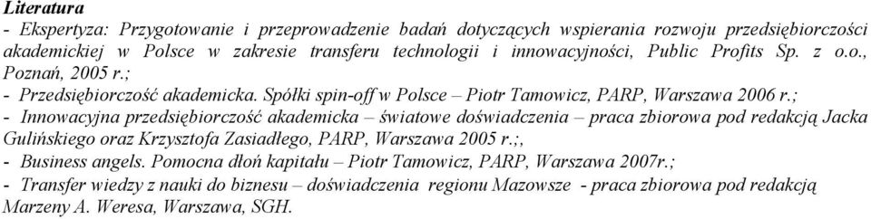 ; - Innowacyjna przedsiębiorczość akademicka światowe doświadczenia praca zbiorowa pod redakcją Jacka Gulińskiego oraz Krzysztofa Zasiadłego, PARP, Warszawa 2005 r.