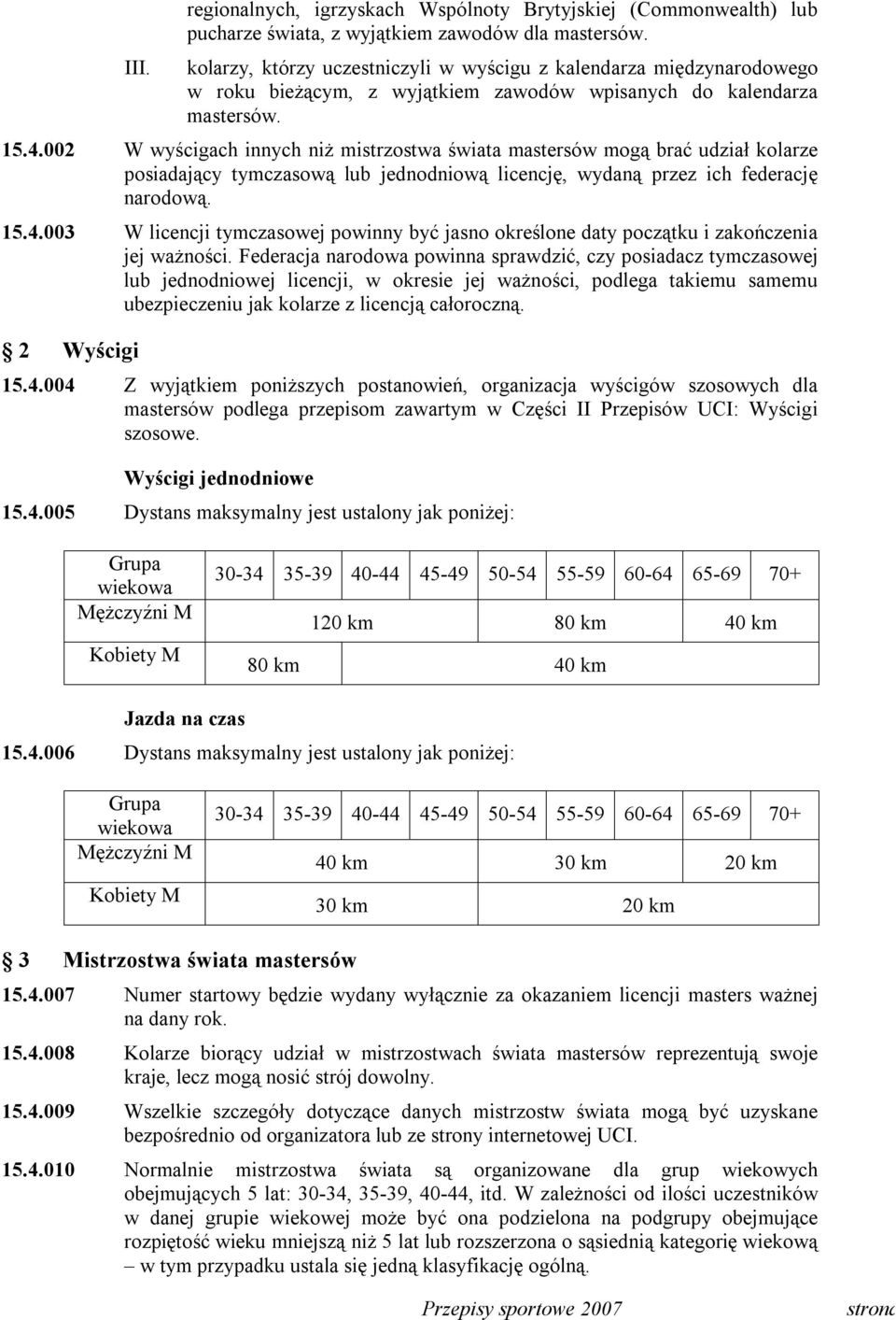 002 W wyścigach innych niż mistrzostwa świata mastersów mogą brać udział kolarze posiadający tymczasową lub jednodniową licencję, wydaną przez ich federację narodową. 15.4.