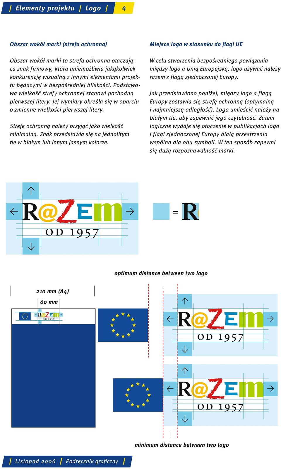 Strefę ochronną należy przyjąć jako wielkość minimalną. Znak przedstawia się na jednolitym tle w białym lub innym jasnym kolorze.