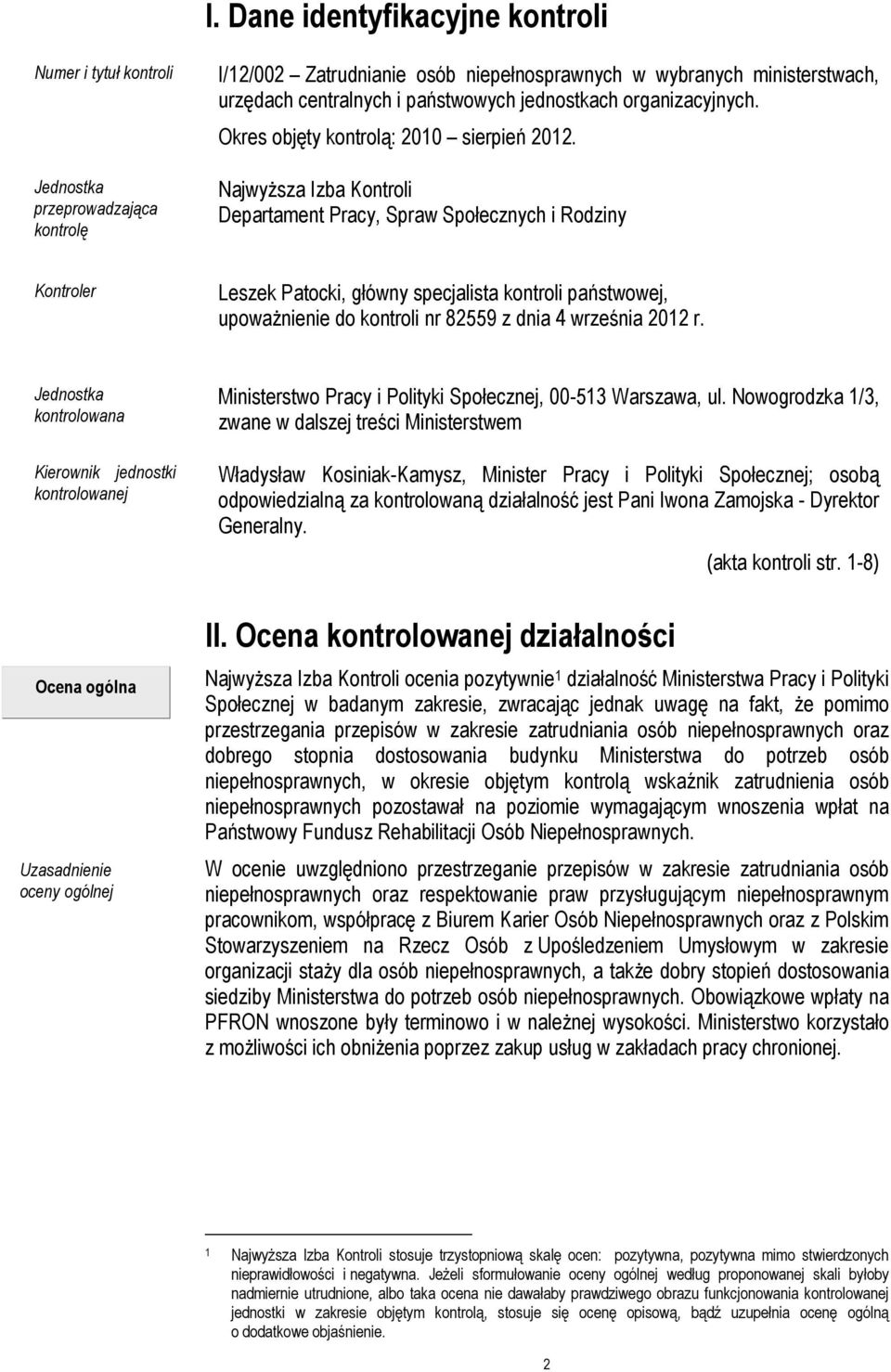 Najwyższa Izba Kontroli Departament Pracy, Spraw Społecznych i Rodziny Kontroler Leszek Patocki, główny specjalista kontroli państwowej, upoważnienie do kontroli nr 82559 z dnia 4 września 2012 r.