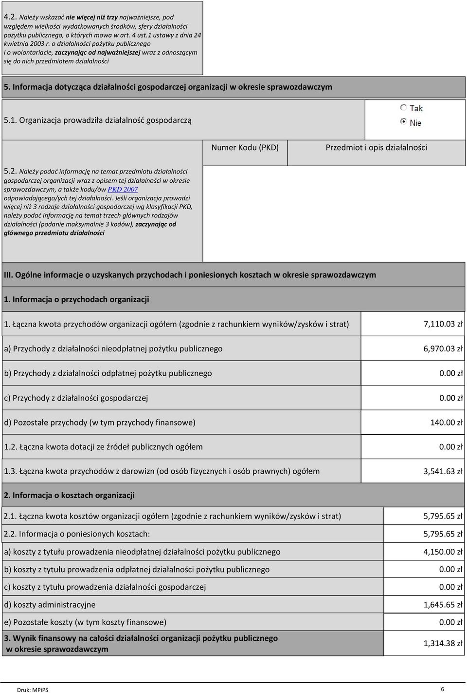 Informacja dotycząca działalności gospodarczej organizacji w okresie sprawozdawczym 5.1. Organizacja prowadziła działalność gospodarczą Numer Kodu (PKD) Przedmiot i opis działalności 5.2.