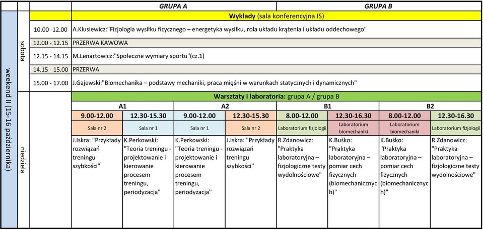 Gajewski:"Biomechanika podstawy mechaniki, praca mięśni w warunkach statycznych i dynamicznych" 9.00-12.00 12.30-15.30 9.00-12.00 12.30-15.30 8.00-12.00 12.30-16.