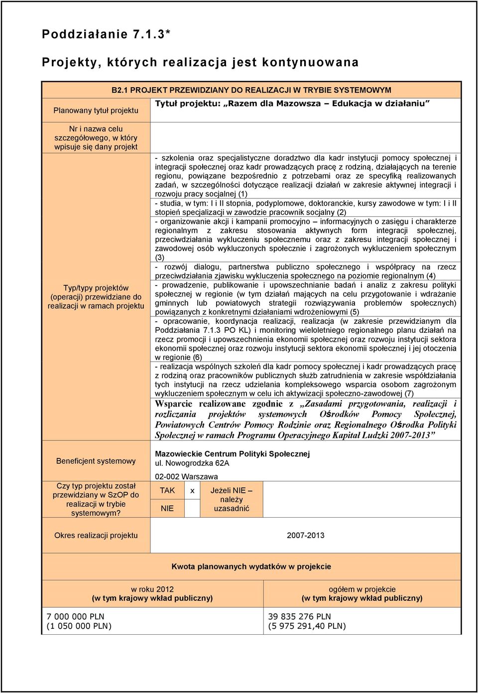 (operacji) przewidziane do realizacji w ramach projektu Beneficjent systemowy Czy typ projektu został przewidziany w SzOP do realizacji w trybie systemowym?