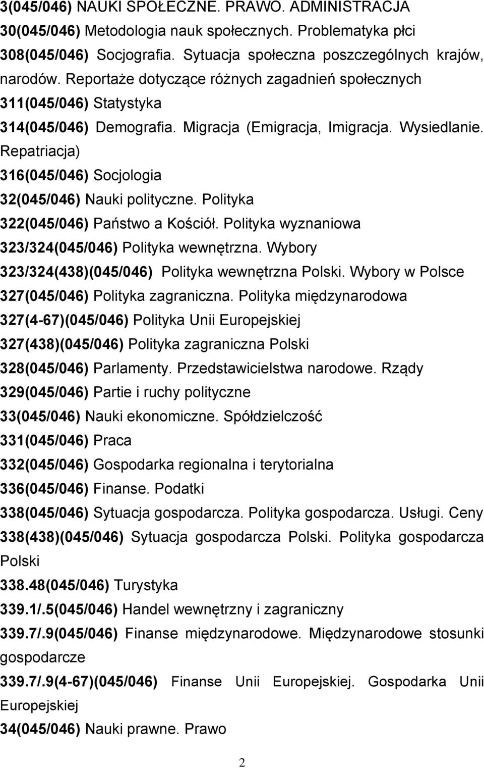 Repatriacja) 316(045/046) Socjologia 32(045/046) Nauki polityczne. Polityka 322(045/046) Państwo a Kościół. Polityka wyznaniowa 323/324(045/046) Polityka wewnętrzna.