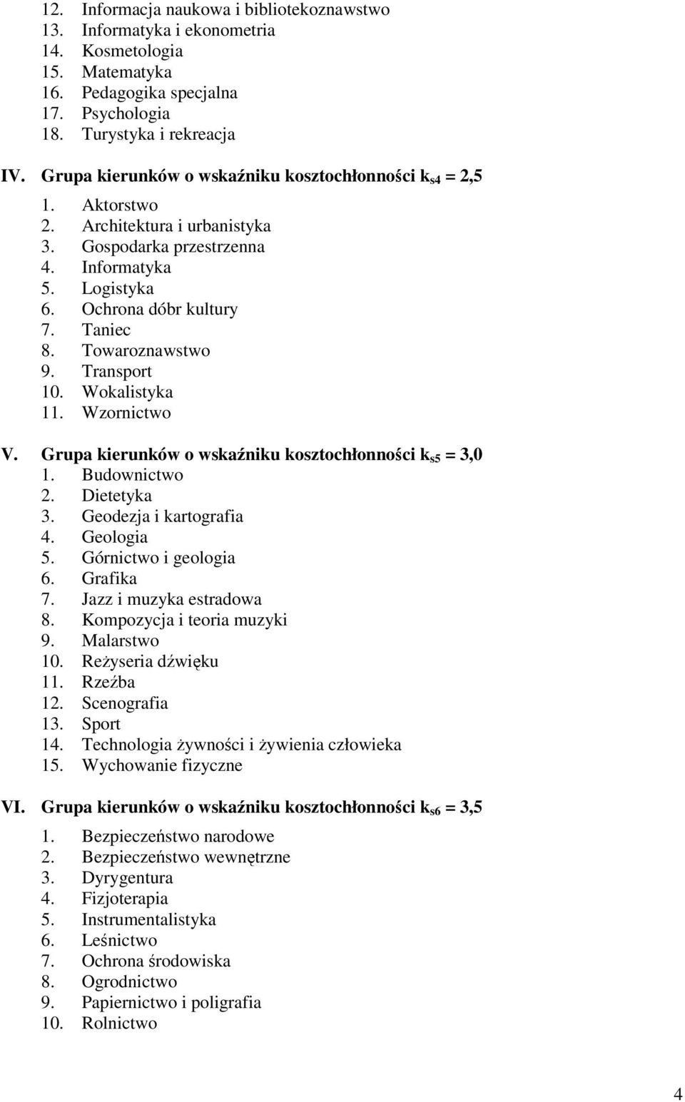 Towaroznawstwo 9. Transport 10. Wokalistyka 11. Wzornictwo V. Grupa kierunków o wskaniku kosztochłonnoci k s5 = 3,0 1. Budownictwo 2. Dietetyka 3. Geodezja i kartografia 4. Geologia 5.