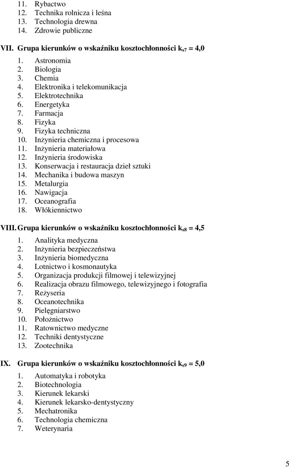 Konserwacja i restauracja dzieł sztuki 14. Mechanika i budowa maszyn 15. Metalurgia 16. Nawigacja 17. Oceanografia 18. Włókiennictwo VIII. Grupa kierunków o wskaniku kosztochłonnoci k s8 = 4,5 1.