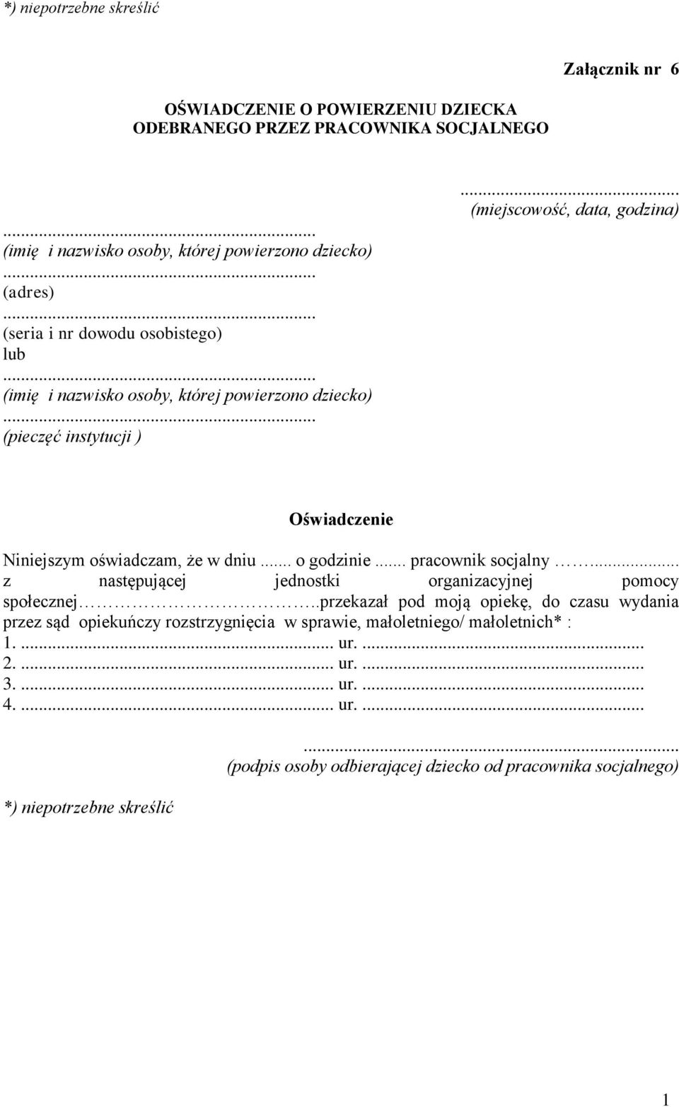 .. (miejscowość, data, godzina) Oświadczenie Niniejszym oświadczam, że w dniu... o godzinie... pracownik socjalny... z następującej jednostki organizacyjnej pomocy społecznej.