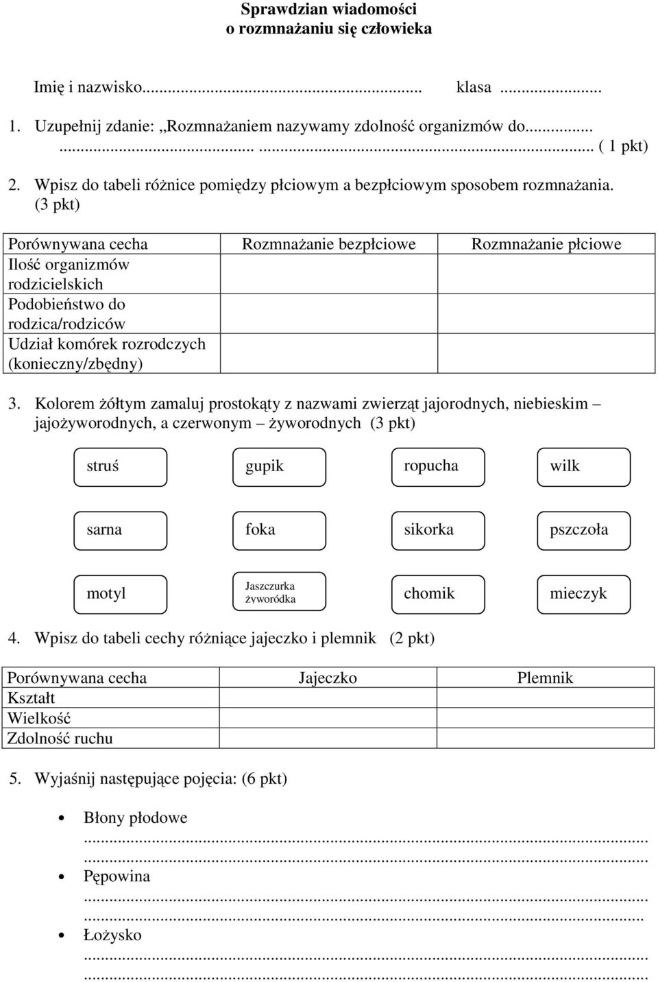 (3 pkt) Porównywana cecha Rozmnażanie bezpłciowe Rozmnażanie płciowe Ilość organizmów rodzicielskich Podobieństwo do rodzica/rodziców Udział komórek rozrodczych (konieczny/zbędny) 3.