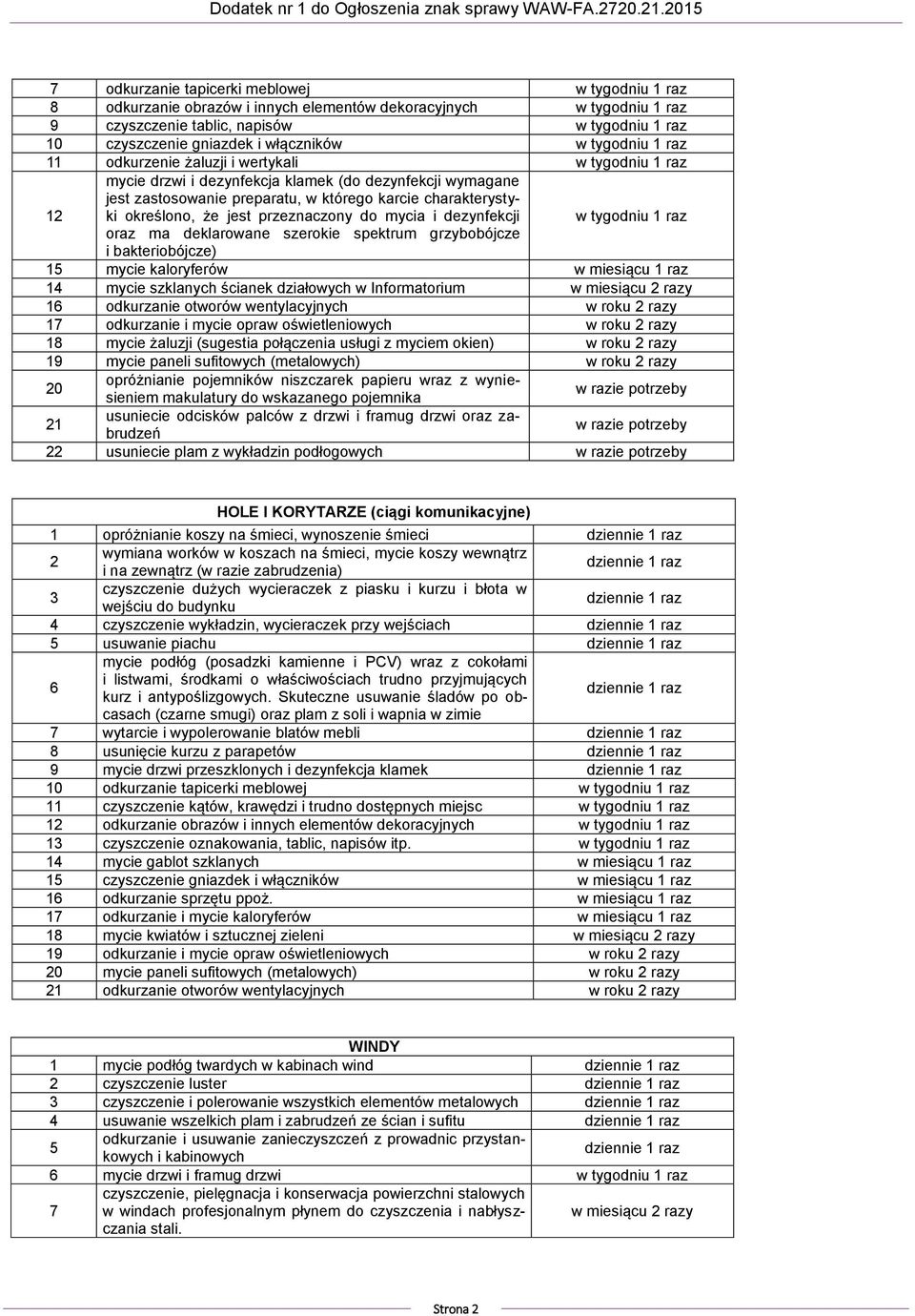 bakteriobójcze) 15 mycie kaloryferów w miesiącu 1 raz 14 mycie szklanych ścianek działowych w Informatorium w miesiącu 2 razy 16 odkurzanie otworów wentylacyjnych w roku 2 razy 1 odkurzanie i mycie