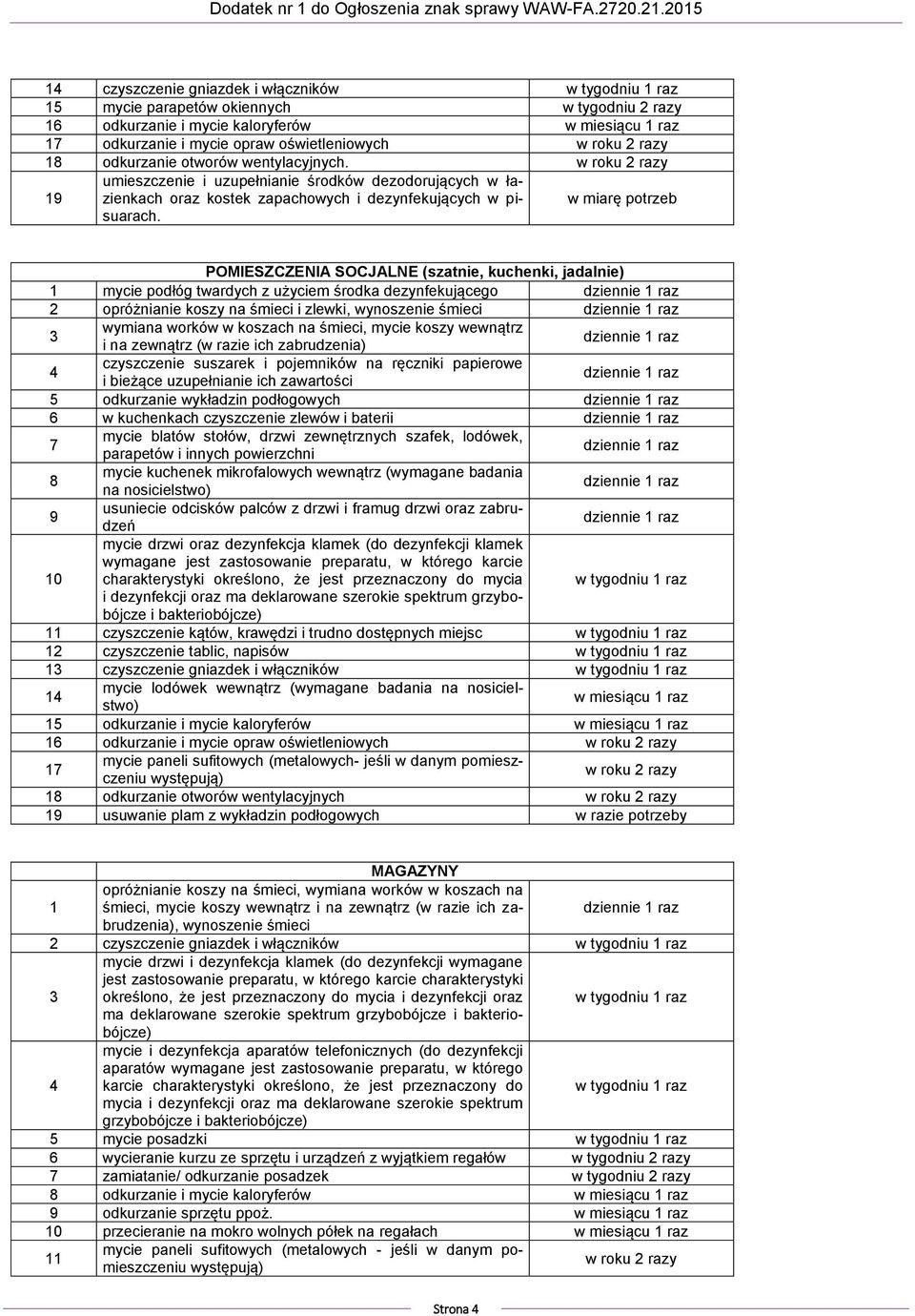 w miarę potrzeb POMIESZCZENIA SOCJALNE (szatnie, kuchenki, jadalnie) 1 mycie podłóg twardych z użyciem środka dezynfekującego 2 opróżnianie koszy na śmieci i zlewki, wynoszenie śmieci wymiana worków