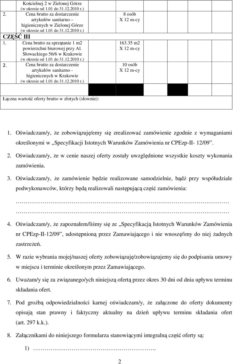 Cena brutto za dostarczenie artykułów sanitarno - higienicznych w Krakowie (w okresie od 1.01 do 31.12.2010 r.) 8 osób X 12 m-cy 163.