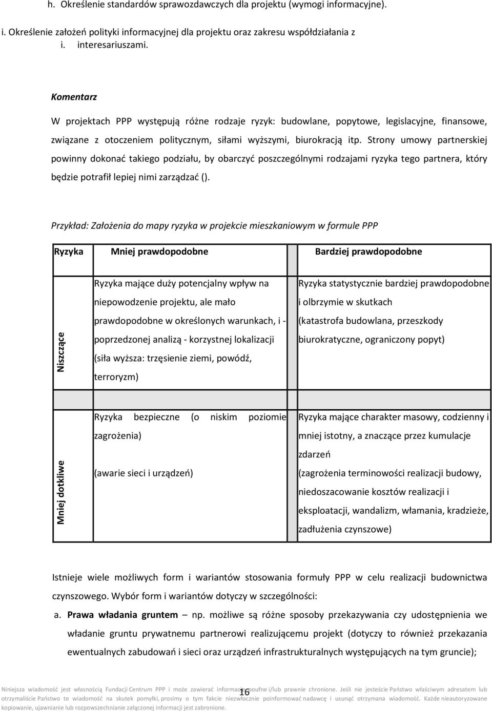 Strony umowy partnerskiej powinny dokonać takiego podziału, by obarczyć poszczególnymi rodzajami ryzyka tego partnera, który będzie potrafił lepiej nimi zarządzać ().