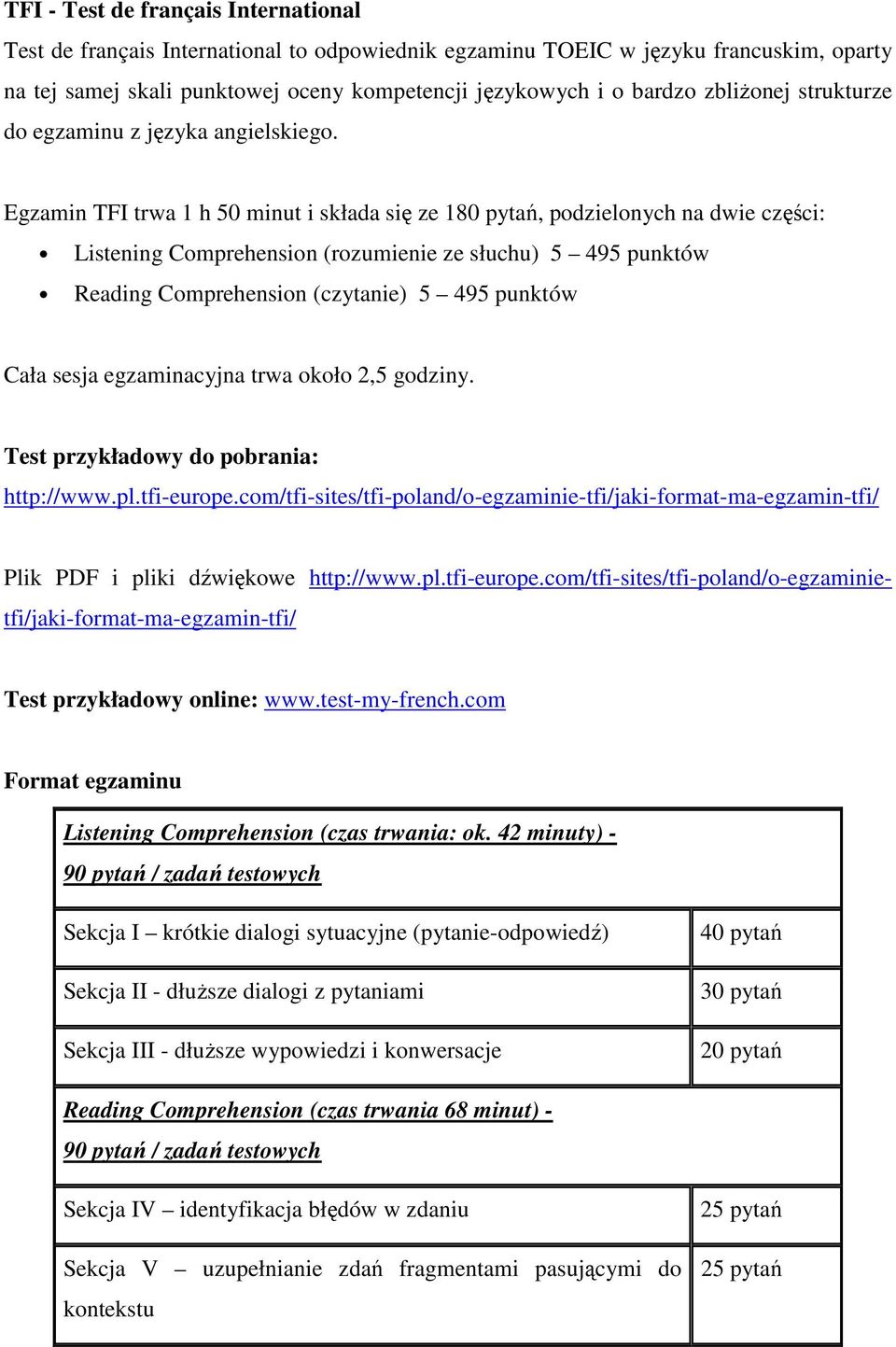Egzamin TFI trwa 1 h 50 minut i składa się ze 180 pytań, pdzielnych na dwie części: Listening Cmprehensin (rzumienie ze słuchu) 5 495 punktów Reading Cmprehensin (czytanie) 5 495 punktów Cała sesja