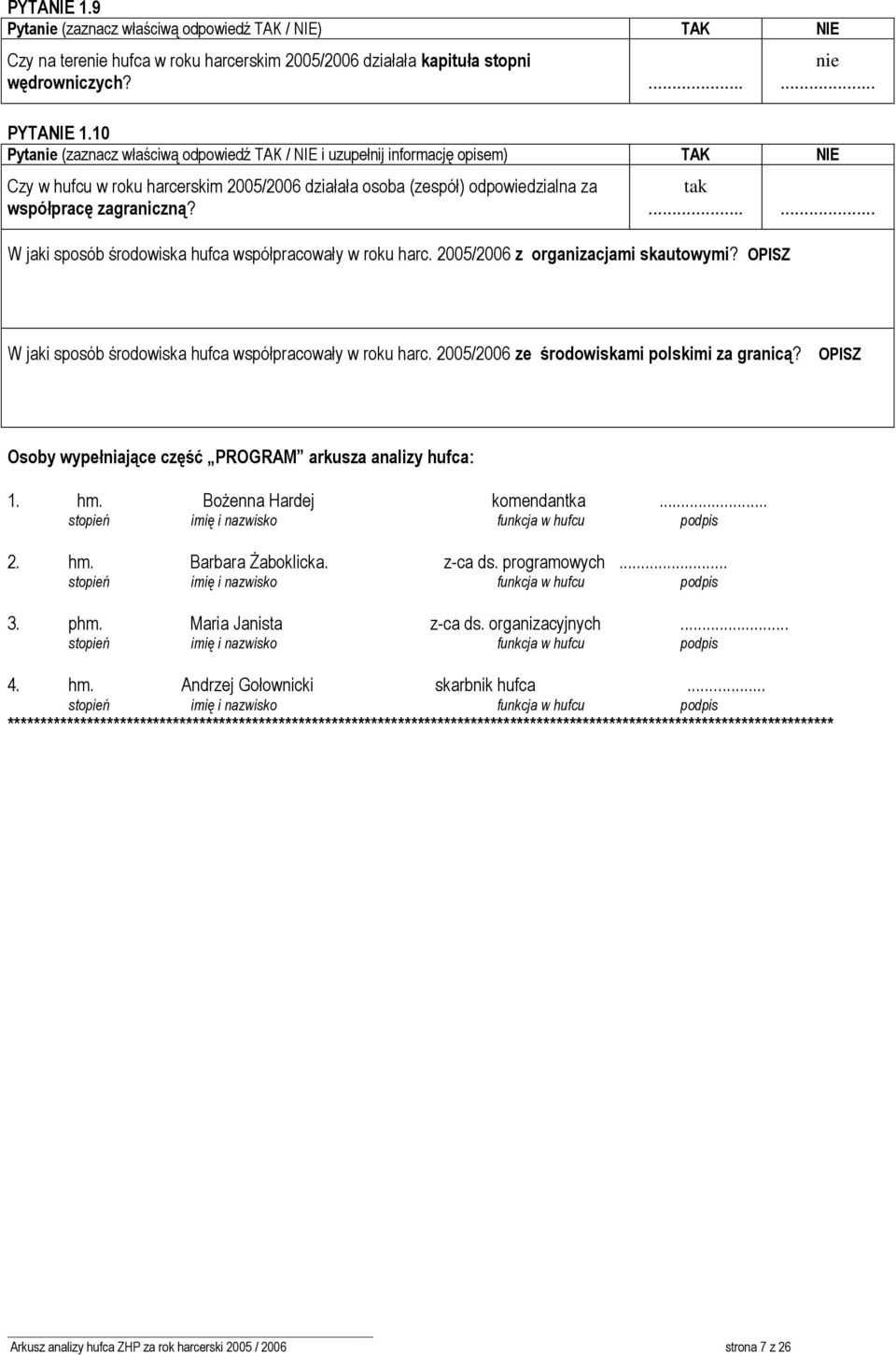 tak W jaki sposób środowiska hufca współpracowały w roku harc. 2005/2006 z organizacjami skautowymi?. OPISZ W jaki sposób środowiska hufca współpracowały w roku harc.