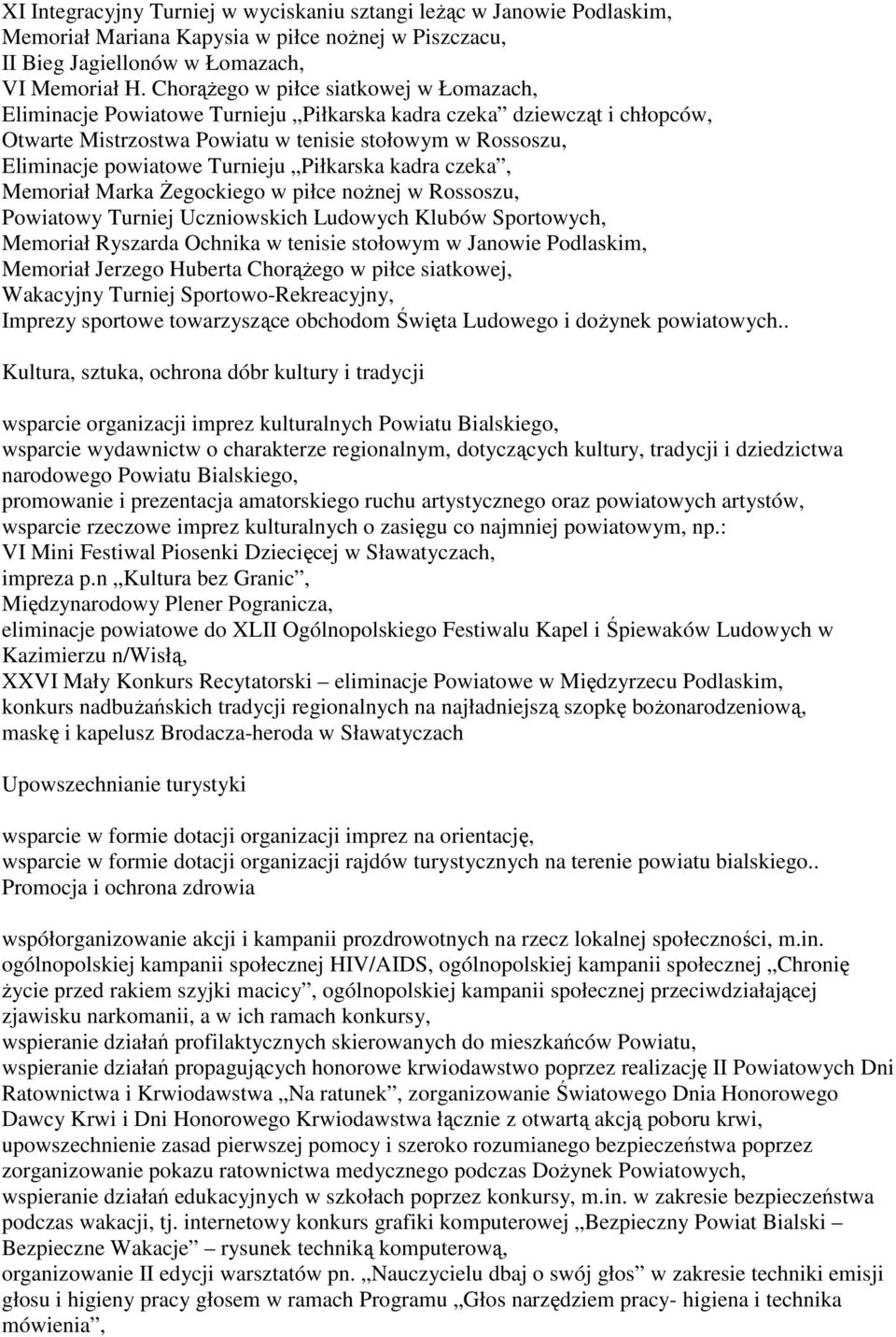 Turnieju Piłkarska kadra czeka, Memoriał Marka śegockiego w piłce noŝnej w Rossoszu, Powiatowy Turniej Uczniowskich Ludowych Klubów Sportowych, Memoriał Ryszarda Ochnika w tenisie stołowym w Janowie