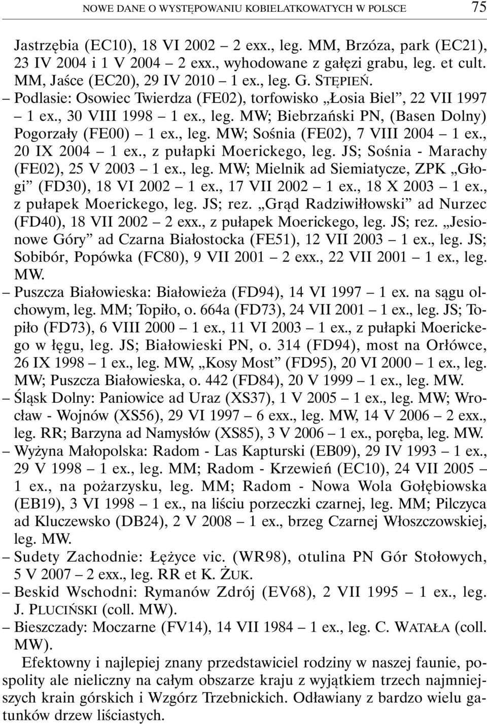 , leg. MW; Sośnia (FE02), 7 VIII 2004 1 ex., 20 IX 2004 1 ex., z pułapki Moerickego, leg. JS; Sośnia - Marachy (FE02), 25 V 2003 1 ex., leg. MW; Mielnik ad Siemiatycze, ZPK Głogi (FD30), 18 VI 2002 1 ex.