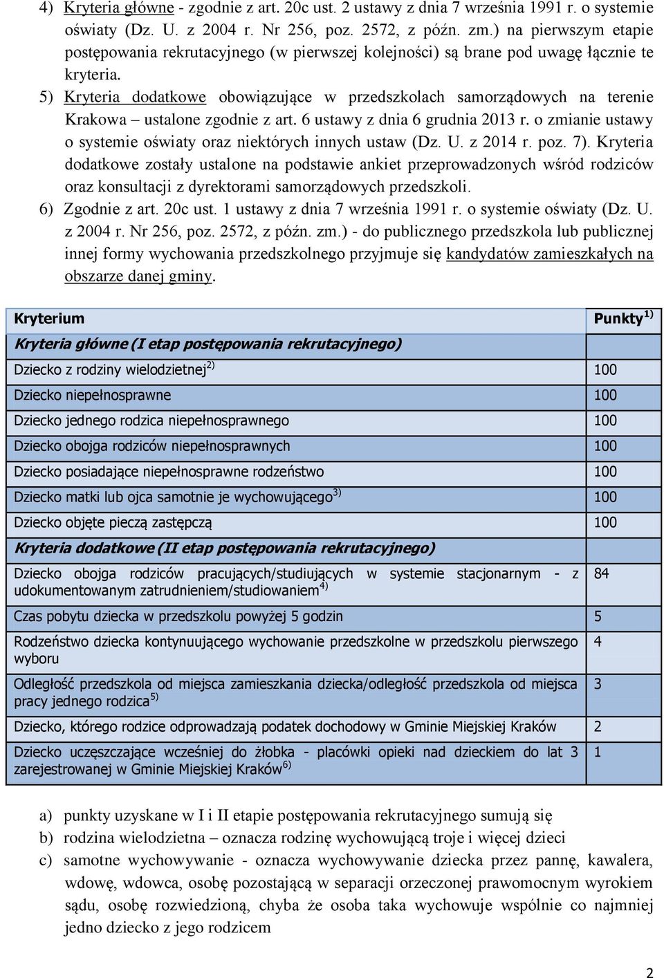 5) Kryteria dodatkowe obowiązujące w przedszkolach samorządowych na terenie Krakowa ustalone zgodnie z art. 6 ustawy z dnia 6 grudnia 2013 r.